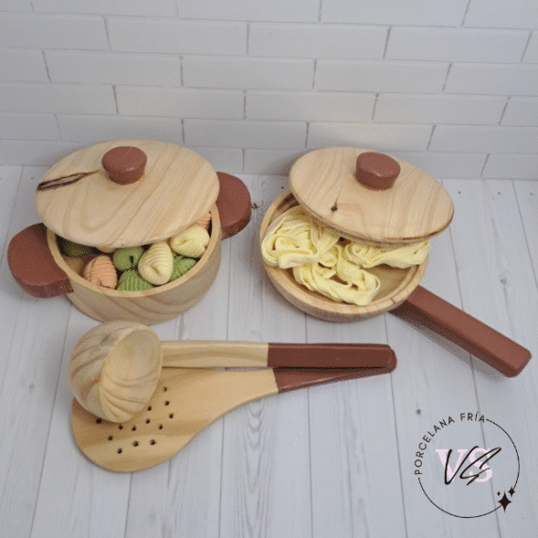 Set Juego de olla y sartén, espumadera y cucharon y pastas (madera)