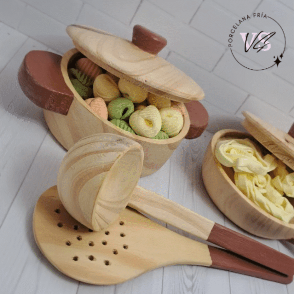 Set Juego de olla y sartén, espumadera y cucharon y pastas (madera) - Imagen 2